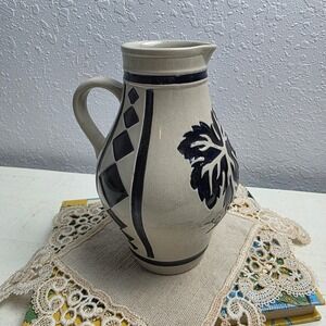 Vintage Stoneware Pottery Pitcher Creamer Grapevine Checkered Blue  Folk Art